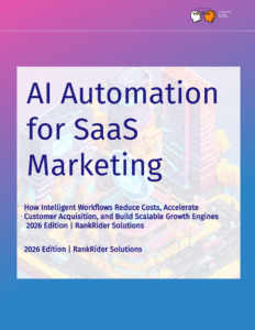 Cover page of the AI Automation for SaaS Marketing 2026 Edition white paper with a gradient background and illustrated tech cityscape.