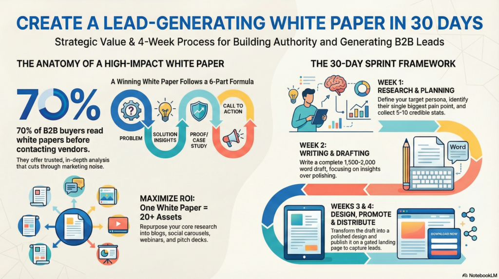 White paper 30-day creation guide infographic showing a step-by-step framework to build authority and generate B2B leads.