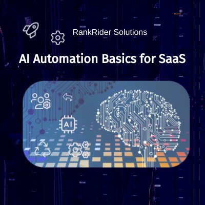 AI Automation Basics for SaaS’ showing a digital circuit brain and AI workflow icons on a tech-themed background, branded with RankRider Solutions.
