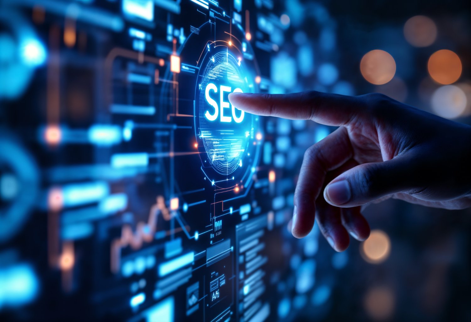 Hand touching a glowing digital interface with the word “SEO” at the center, symbolizing AI-powered search engine optimization and data-driven digital growth.
